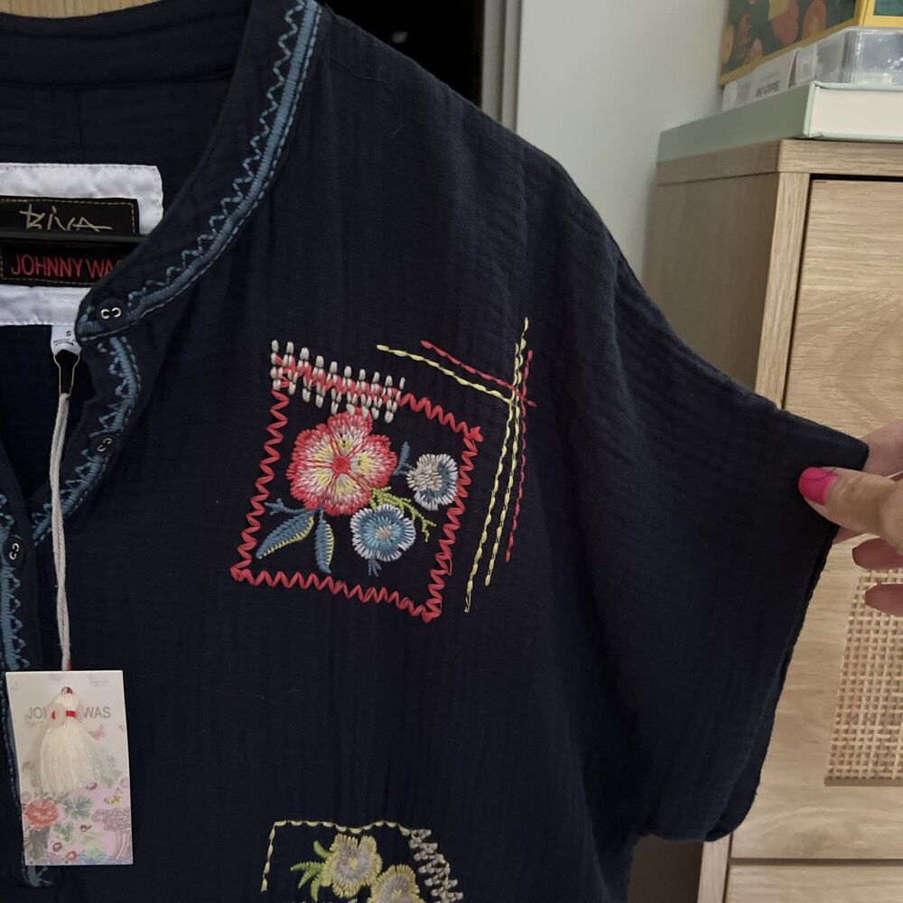Johnny Was Biya Zeke Blouse Gauze Size Small Tunic Top Navy Blue Boho NWT! - Picture 3 of 9